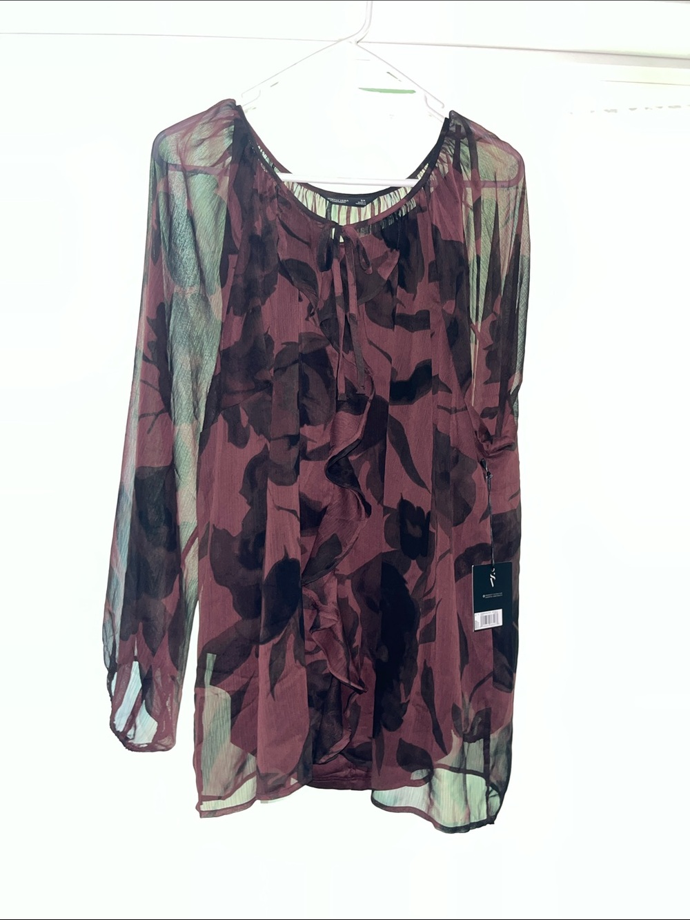 Simply Vera Vera Wang Sheer Floral Ruffle Blouse - Wine and Black